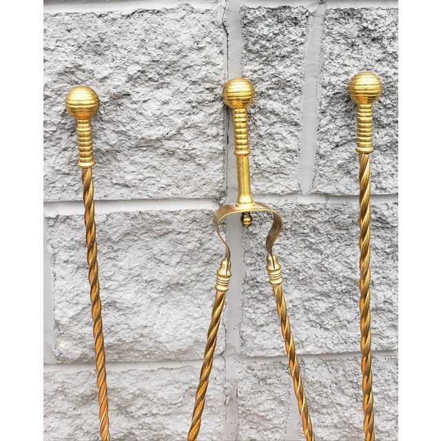 Set of 3 George III Style Cast and Polished Rope Twisted Brass Fire Tools Set For Sale - Image 4 of 7