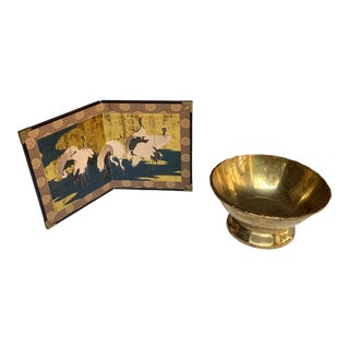 1970s Brass Bowl & Silkscreen Decor Set- 2 Pieces For Sale