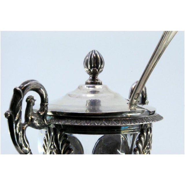Metal Mustard Pots in Embossed Silver with Palms, Glass Cores and Resting on Claw-Shaped Feet, Set of 2 For Sale - Image 7 of 9