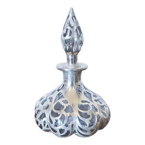 Antique Glass Perfume Bottle With Applied Silver Filigree Scrollwork Detail