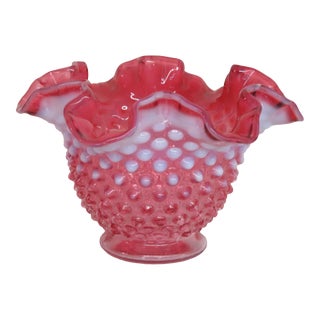 Fenton Hobnail Style Cranberry Pink Opalescent Glass Ruffled Rim Bowl For Sale