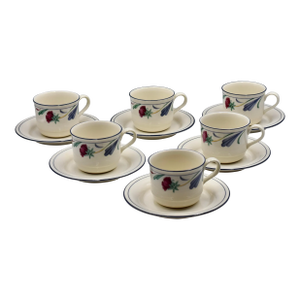1990s Coffee or Tea Flat Cup & Saucer 12pc Set Poppies on Blue by Lenox