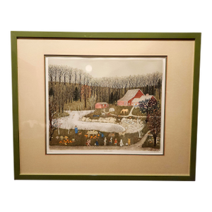 Cuca Romley b.1933 Signed Folk Art American Lifestyle Painted Etched Drawing of 20th Century