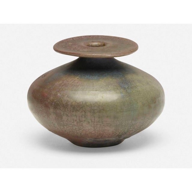 Otto Natzler and Gertrud Natzler Rare form, Round Bottle with Flange, 1974 Earthenware with Gray Green and Sang Nocturne...