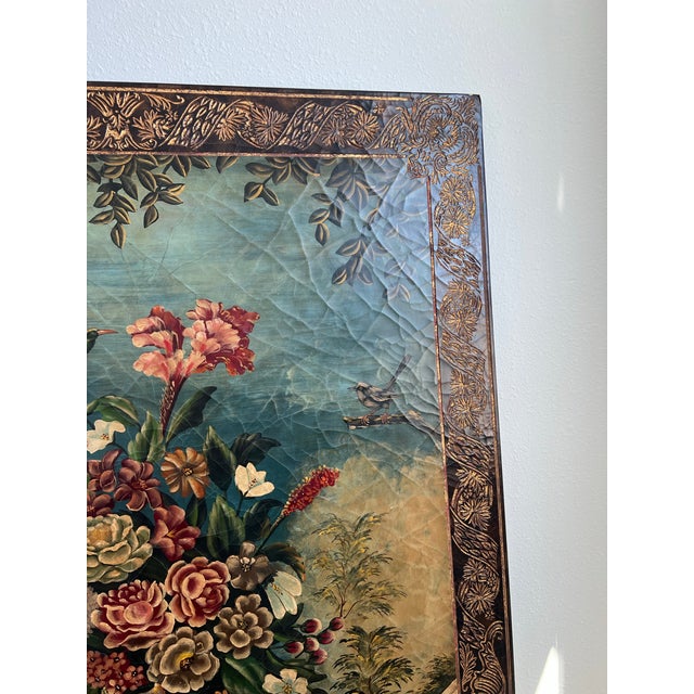 Extra Large Castilian Imports Vintage Painting on Wood With Birds and Flowers (70 X 38 X 1.1 Inches) For Sale - Image 9 of 12