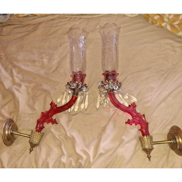 Amazing 19thc French Organic Form Art Nouveau Red Art Glass / Crystal & Gilt Bronze Candle Wall Sconces. True left and...