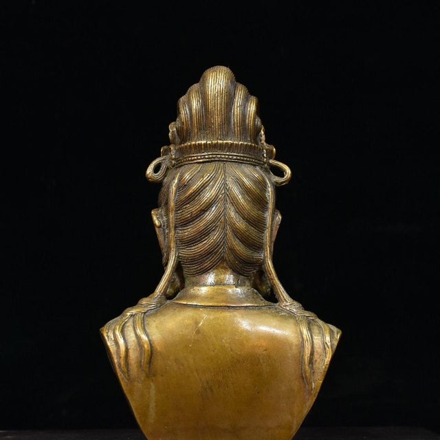1970s Vintage Gilt Bronze Guanyin Bust | Chinese Buddhist Altar Sculpture With Crowned Amitabha For Sale - Image 5 of 10