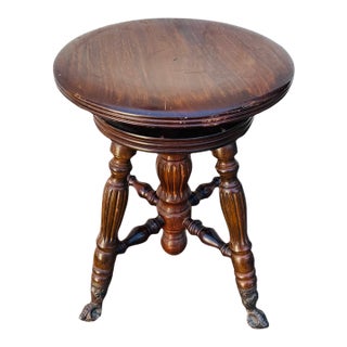 Antique Oak Swivel Piano Stool With Glass Ball Claw Feet, Circa 1900 For Sale