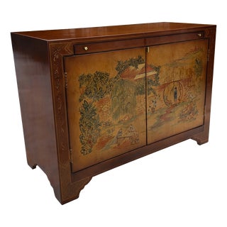 Vintage Ethan Allen Hollywood Regency Chinoiserie Stereo Bar Cabinet, Hand-Painted Chinese Landscape For Sale