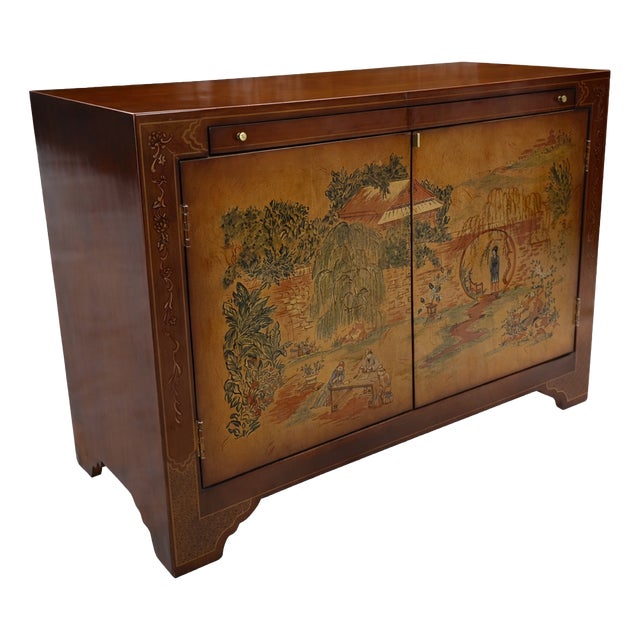 Vintage Ethan Allen Hollywood Regency Chinoiserie Stereo Bar Cabinet, Hand-Painted Chinese Landscape For Sale