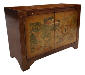 Vintage Ethan Allen Hollywood Regency Chinoiserie Stereo Bar Cabinet, Hand-Painted Chinese Landscape