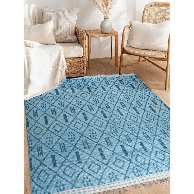 8x10 Stylish Marrakech Blue Tribal Geometric Modern HandKnotted Wool Carpet Rug For Sale In New York - Image 6 of 8
