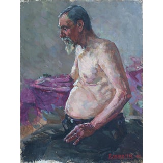 Soviet Man Portrait, Original Oil Painting, Socialist Realism Art 79.5-60 For Sale