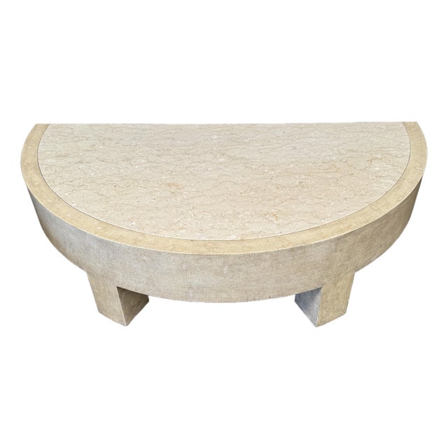 Vintage Post Modern Half Moon Beige Wood & Travertine Coffee Table For Sale