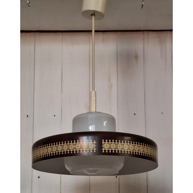 Vintage Hanging Lamp with Opaque White Inner Glass Shade and Brown Metal Trim, 1970s For Sale - Image 6 of 7