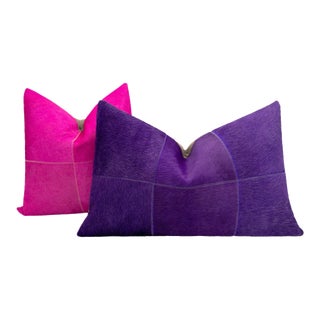 Pair of Canvello Genuine Cowhide Leather Decorative Throw Pillows With Feather Down Insert Included For Sale