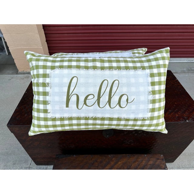Textile Pair of Green Checked "Hello" Pillows For Sale - Image 7 of 7