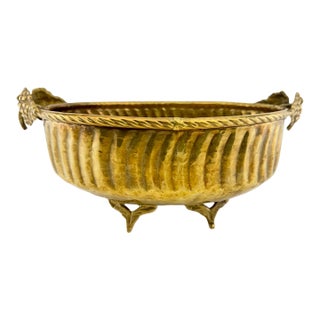 Vintage Solid Brass Hammered Centerpiece Bowl With Grapevine Handles For Sale