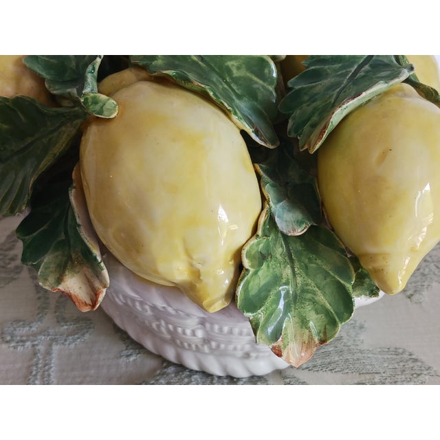 French Country Vintage Majolica Italy Lemons in Woven Basket Centerpiece 1950's For Sale - Image 3 of 6