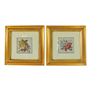 Small Late 20th Century Floral Needlepoint Gold Wood Framed Wall Pictures - a Pair For Sale