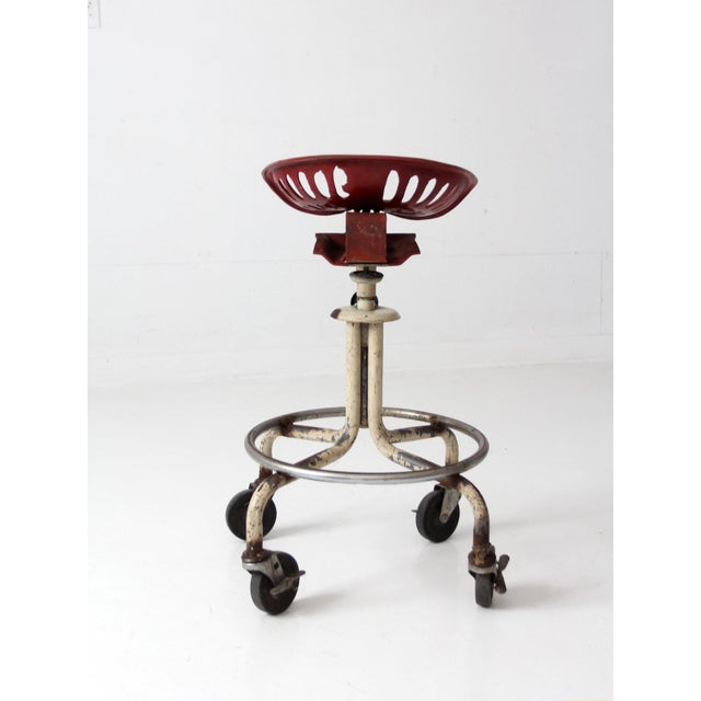 Red Vintage Industrial Rolling Stool With Cast Iron Tractor Seat For Sale - Image 8 of 18