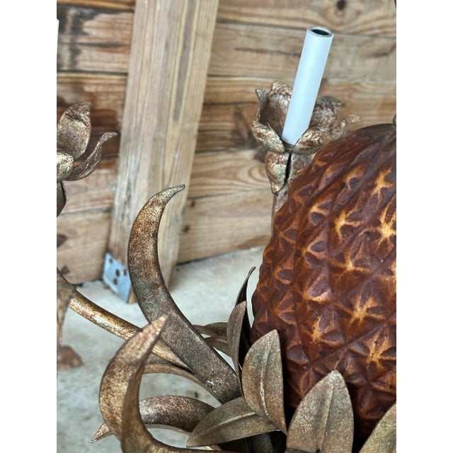 Vintage Tole Pineapple Five-Light Chandelier With Gilt Metal Leaves For Sale - Image 10 of 12