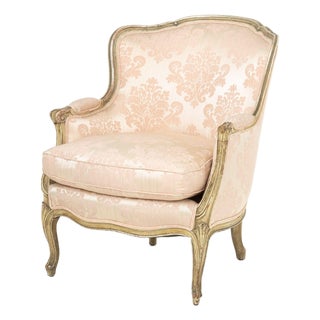 Louis XV Style Pink Silk Damask Bergere For Sale