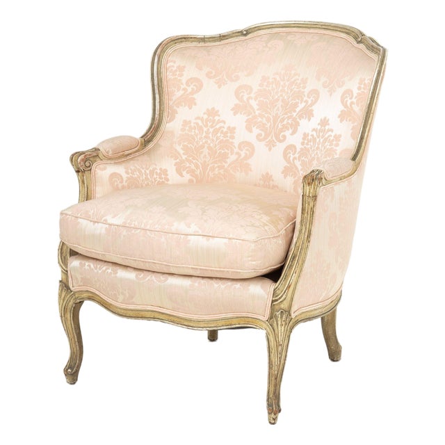 Louis XV Style Pink Silk Damask Bergere For Sale