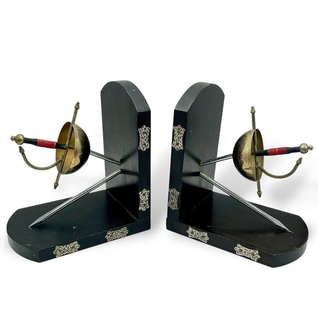1990s Vintage MCM Fencing Metal Rapiers Epees Wood BOOKENDS-set of 2 For Sale - Image 5 of 6