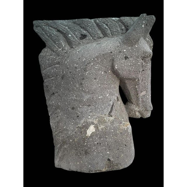 Vintage Custom Chisled Stone/Concrete Horse Head, Glass Top Desk/Table For Sale - Image 6 of 13