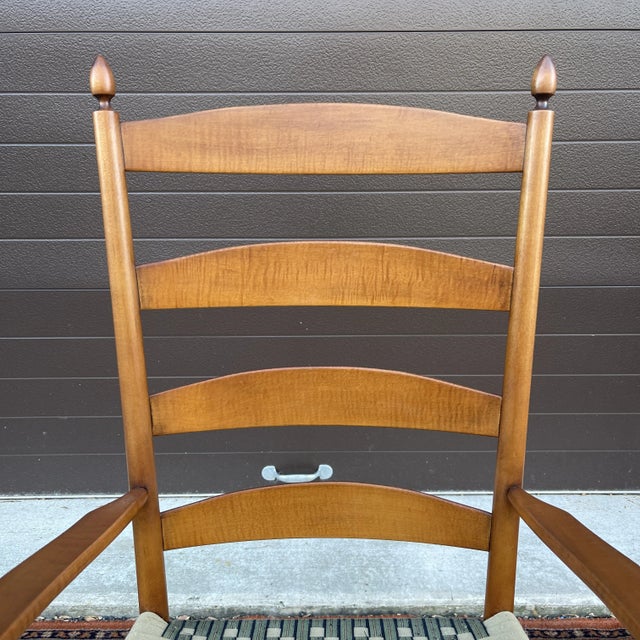 American 21st Century American Shaker Maple Ladder Back Arm Chair With Teal & Tan Webbing by the Shaker Shoppe of Pennsylvania For Sale - Image 3 of 11