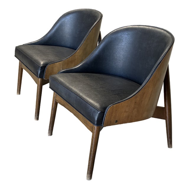 Mid Century Molded Plywood and Black Vinyl Chairs by Kodawood - A Pair For Sale