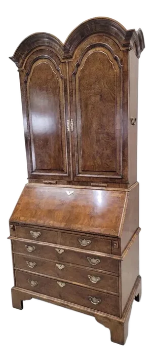 Vintage George Iii Style Burton-Ching Burl Walnut Secretary Desk Bookcase