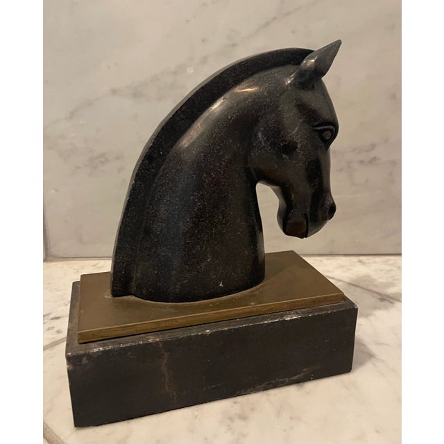 Metal Pair of 1930s Art Deco Black Marble and Brass Horse Head Bookends For Sale - Image 7 of 12