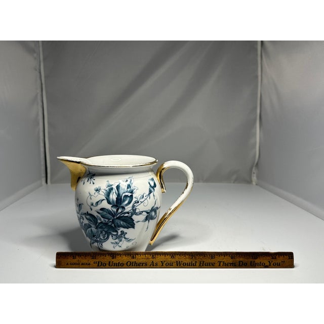 Antique Blue Floral Transferware Pitcher - Gold Gilt Accents c. 1904 For Sale - Image 10 of 10