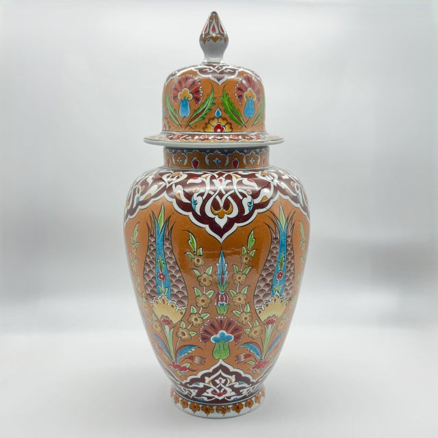 Amber Handmade Ceramic “Shah” Ginger Jar (30cm) – Rare Amber/Orange Ground & Cypress – Traditional Lidded Decor For Sale - Image 8 of 9