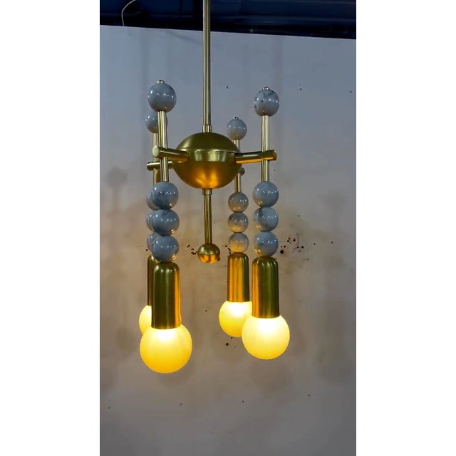 Stone Handmade Brass Pendant Light, Marble Accent Ceiling Lamp, Art Deco Mid Century Fixture For Sale - Image 7 of 8