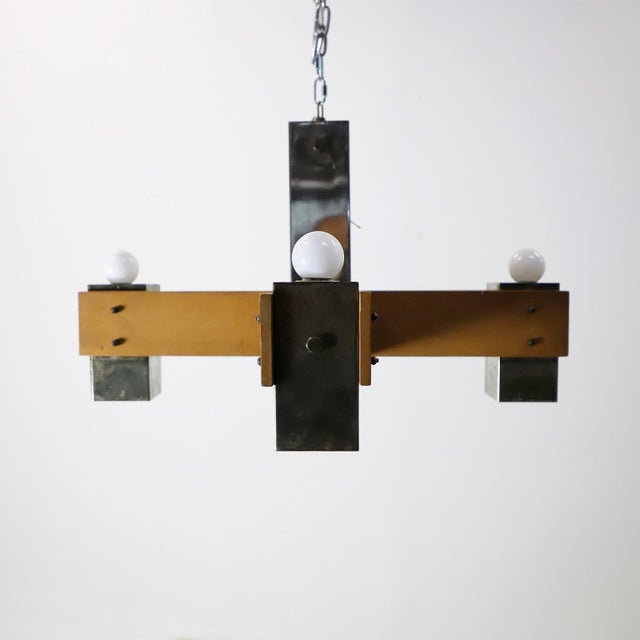 Pair of Mid Century Modern Wood & Chrome Hanging Chandeliers For Sale - Image 15 of 18