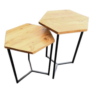 Handmade Hexagon Nesting Side Tables (Pair) - Reclaimed Pine Wood & Black Metal For Sale