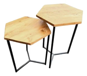Handmade Hexagon Nesting Side Tables (Pair) - Reclaimed Pine Wood & Black Metal
