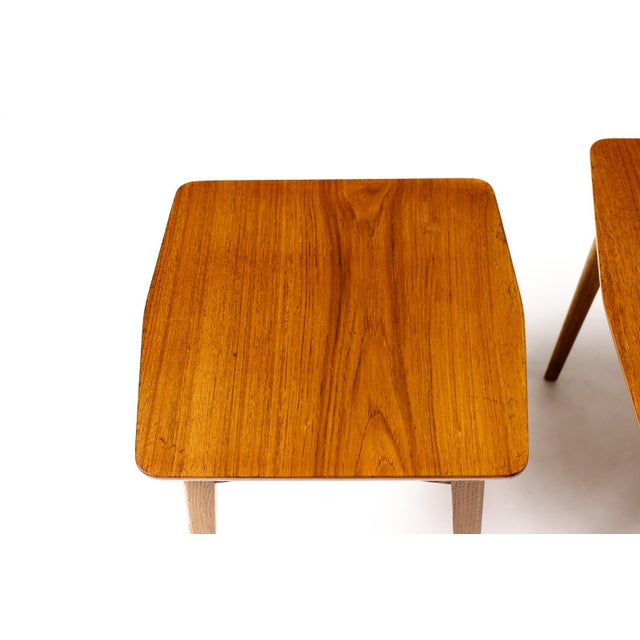 Danish Modern Mid Century Vintage Teak + Oak Nesting Tables — Set of Three — Attributed to Svend Aage Madsen For Sale - Image 13 of 15