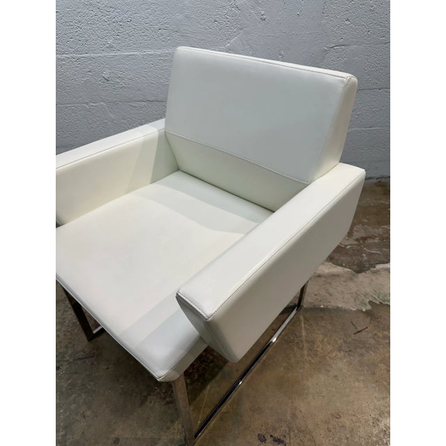 Pair of Brueton White Naugahyde and Chrome Frame Dining Arm Chairs - Twelve Available For Sale In Miami - Image 6 of 11