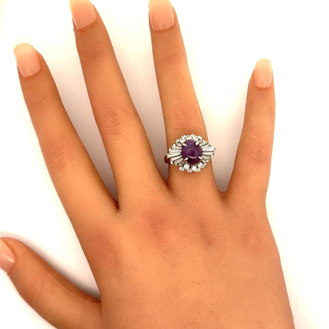 3.93 Carat Purple Star Sapphire Diamond Platinum Burst Ring, Size 8.5 For Sale In Los Angeles - Image 6 of 7
