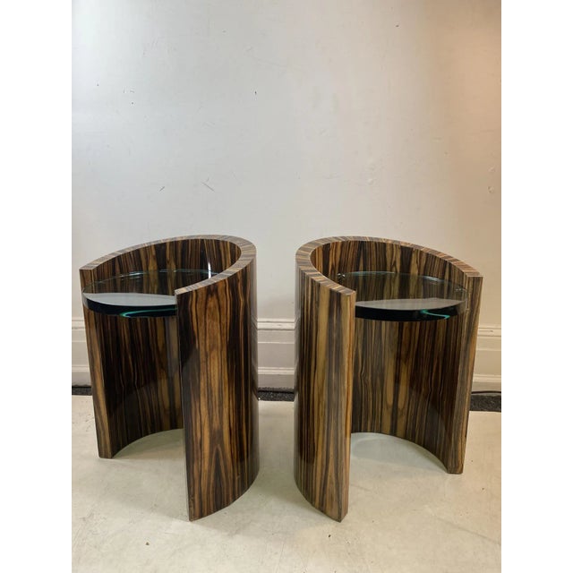 Modernist Pair Of Macassar Ebony Side Tables With Floating Thick Circular Glass Inserts.Designed In The 1980's By Esteemed...