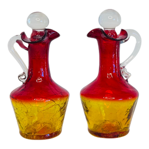 Vintage 1960s Kanawha Amberina Crackle Glass Cruets, a Pair