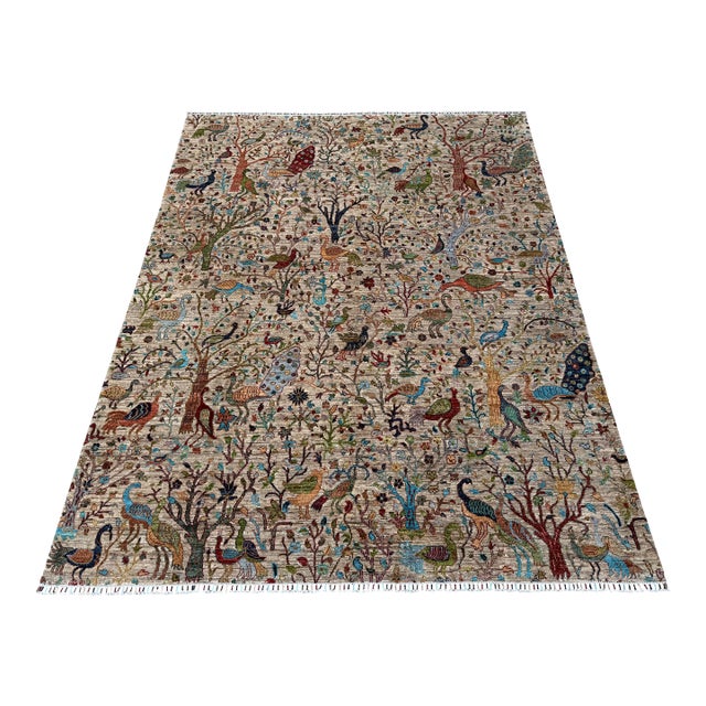 Bird of Paradise Area Rug, Hand-Knotted Wool, Pictorial, 8x10, Beige & Teal For Sale