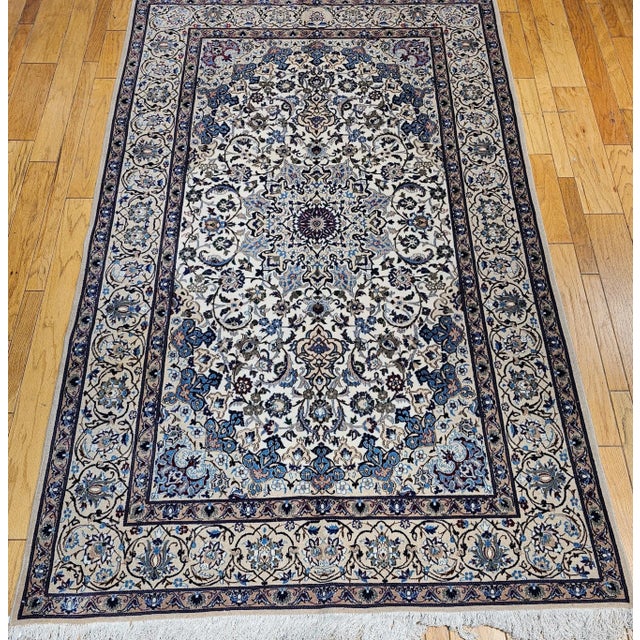 Late 20th Century Vintage Persian Nain Room Size Rug, Handwoven Floral Pattern, Ivory & Blue, 7’ X 11’ For Sale - Image 5 of 12