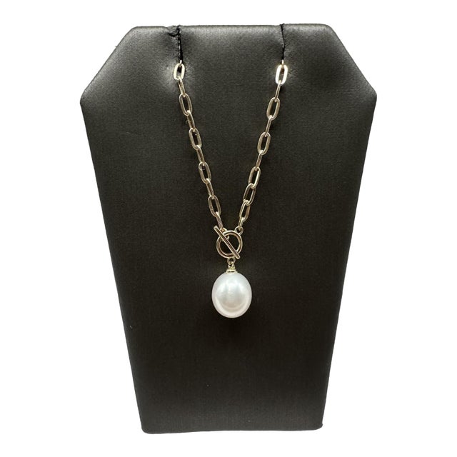 Paperclip Chain Pearl Necklace in 10kt Yellow Gold – 17in, New For Sale