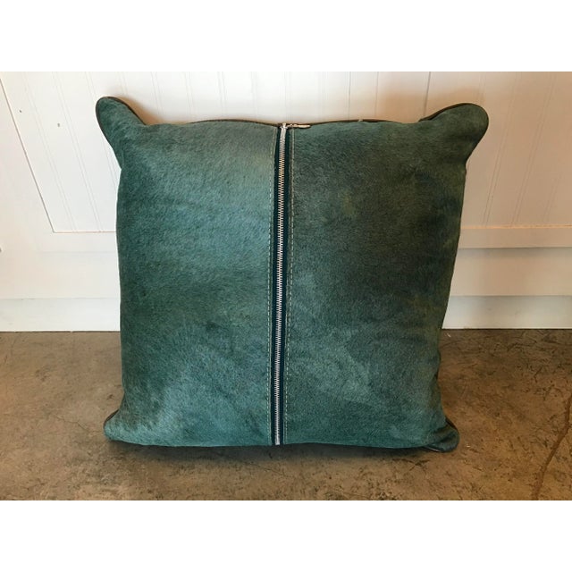 Modern Custom Green Cow Hide Pillow With Leather Piping For Sale - Image 3 of 7