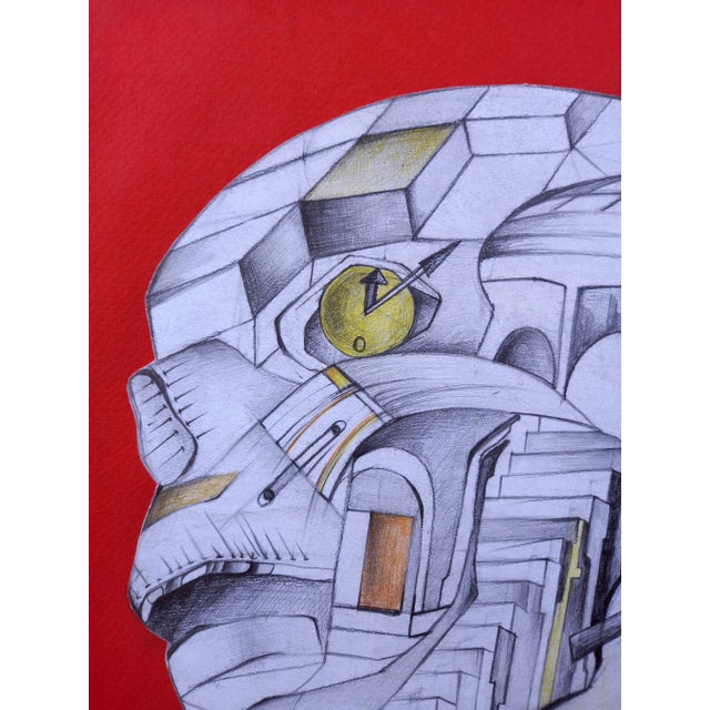 'Vanity Skull' Framed Original Italian Surrealist Imaginary Pencils Drawing Circa 1990 For Sale - Image 6 of 6